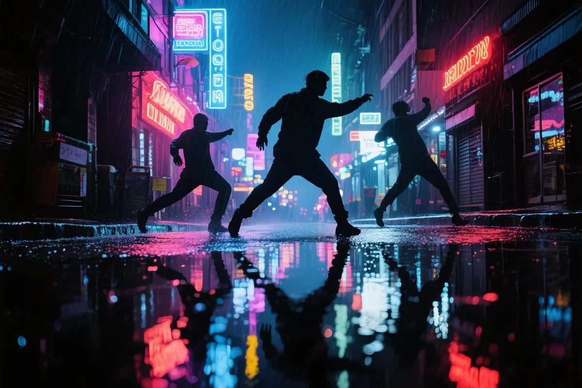 雨夜街景与霓虹倒影